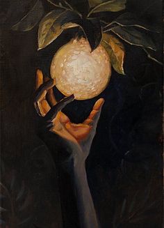 a painting of two hands holding an orange in front of a black background with green leaves