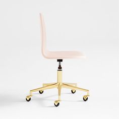 an office chair with wheels and a pink upholstered seat, viewed from the front