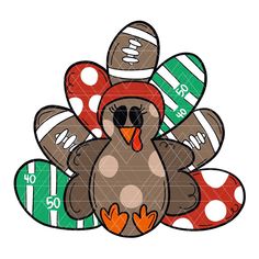 a turkey with footballs on it's head sitting in front of some balls