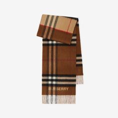 Contrast Check Cashmere Scarf in Archive Beige/birch Brown | Burberry® Official Luxury Brown Scarves For Winter, Designer Wool Scarves For Fall, Classic Brown Cashmere Scarf, Luxury Cashmere Scarves For Fall, Luxury Cashmere Scarf For Fall, Burberry Cape, Burberry Classic, Brown Scarves, Merino Wool Scarf