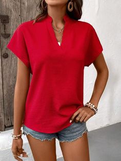 SHEIN LUNE Blusa De Manga Murciélago De Cuello Entallado De Color Sólido Para Mujer | SHEIN USA Red Solid Color V-neck Top, Red Collared Top For Summer, Plain V-neck Spring Tops, Plain V-neck Tops For Spring, Red Plain Tops For Summer, Casual Solid Color Split Neck Tops, Red V-neck Solid Color Blouse, Red Solid Color V-neck Blouse, Red Solid Color Blouse For Spring