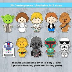 star wars cut outs are shown on a wooden background with text that reads 20 contemplies / available in 2 sizes