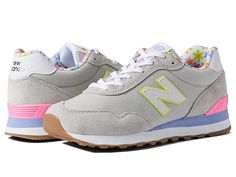 New Balance Classics WL515V3 - Women's Classic Shoes : Rain Cloud/Lemonade : Nothing looks fresher than a pair of sporty sneakers from New Balance Classics! This WL515V3 athletic shoe features a plush comfortable ride in a traditional silhouette. Leather and mesh or textile uppers in a sporty mid-top profile. Traditional lace-up closure. Foam-padded collar and tongue. Soft textile lining and a removable foam insole provide all-day comfort. TPU heel insert for extra support. ENCAP® midsole for cu Preppy New Balance Shoes, New Balance Colorful, New Balance Shoes 574, Womens New Balance Shoes, Preppy Sneakers, New Balance 574 Womens, New Balance 515, Womens New Balance, New Balance Classics