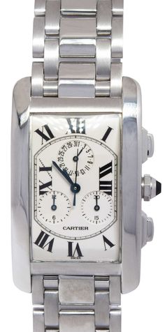 Contact us Have a question? Contact us. Free Shipping Complimentary next day delivery fully insured shipping. BUYER PROTECTION Security guaranteed with eBay buyer protection. Cartier Tank Americaine Chronograph 18k White Gold Mens Watch W26033L1 2312 Pristine preowned mens Cartier Tank Americaine Chronoflex Chronograph in 18k white gold features silver dial with Roman numerals and blue sword-shaped hands. Chrono and date sub-dials. Comes on Cartier 18k white gold bracelet with deployant buckle. Mens Cartier, Cartier Tank Americaine, Model Tanks, Gold Watch Men, Cartier Tank, White Gold Bracelet, Brick And Mortar, White Gold Band, Roman Numerals