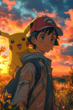 pikachu and ash in front of a sunset