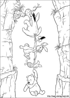 winnie the pooh hanging from a tree with her friends in it coloring page for kids