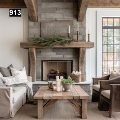 a living room filled with furniture and a fire place in front of a stone fireplace