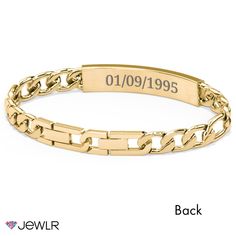 Personalize the perfect statement gift for any occasion. Engrave the front of this adjustable ID bracelet with a name or a special date and add a meaningful message to the back. Crafted in yellow ion-plated stainless steel, this men's curb-link chain bracelet features a removable link and can be adjusted from 7.75" to 9.25" to create just the right fit. Anniversary Nameplate Bracelet With Engraving Option, Adjustable Nameplate Stainless Steel Jewelry, Classic Gold Name Bracelet With Engraving Option, Adjustable Engraved Bracelets For Formal Occasions, Engraved Nameplate Bracelet For Wedding, Classic Jewelry With Engraved Text, Adjustable Name Bracelet With Engraving Option For Anniversary, Classic Stainless Steel Name Bracelet Gift, Classic Customizable Yellow Gold Bracelet