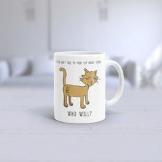 a coffee mug with an image of a cat saying who's your cat?