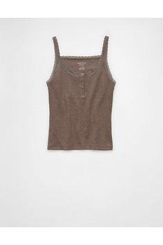 Soft & stretchy ribbed cotton blend/Spaghetti straps/Scoop neck/Henley button placket/Lace trim details/This top is Real Good: Made with the planet in mind & a promise to continue to do better. Main Squeeze, Lace Trim Cami, Do Better, Trim Detail, Button Placket, Christmas List, Women's Jeans, Lace Trim, American Eagle Outfitters