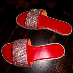 Red With Glittery Design Size 8 But Kind Of Narrow In The Front Part New Never Worn Red Rhinestone Sandals For Spring, Party Flat Sandals With Bling, Flat Party Sandals With Bling, Red Sandals With Rhinestones And Round Toe, Red Rhinestones Sandals With Round Toe, Summer Silver Sandals With Glitter Accents, Silver Sandals With Glitter Accents For Summer, Silver Glitter Sandals For Summer, Glamorous Red Round Toe Sandals