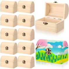 six wooden boxes are shown with the lid open and four different designs on each box