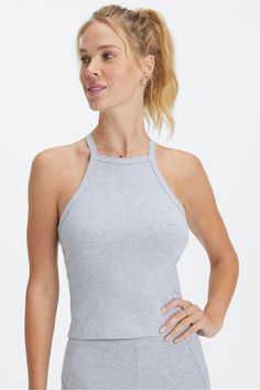 Live-In Halter Tank Fabletics Classic Grey Heather female Activewear >> Womens >> Tops >> Tanks regular Lounge High-neck tank in CottonFlex fabric. Cut Tank Top, Sports Crop Tops, High Impact Sports Bra, Halter Tank, Green Tank Top, Top Halter, High Neck Tank, Green Tank, White Sleeveless