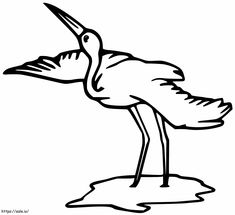 a black and white drawing of a stork standing in the water with its beak open