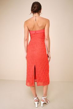 Step out in a look that was made to stun with the Lulus Chic Intent Bright Red Crochet Textured Strapless Midi Dress! Chic crochet fabric overlays this elegant dress, forming a lace-like effect across a strapless bodice with hidden no-slip strips and a straight neckline with a fold-over detail. Fitted waist tops a figure-hugging skirt that finishes at a midi hem. Hidden zipper/clasp and kick pleat at back. Fit: This garment fits true to size. Length: Mid-calf length. Size medium measures 41.5" f Summer Formal Strapless Lace Dress, Fitted Lace Strapless Midi Dress, Summer Party Lace Dress With Straight Neckline, Strapless Lace Dress For Summer Formal, Formal Strapless Lace Dress For Summer, Strapless Lace Dress For Spring Cocktail, Formal Strapless Lace Midi Dress, Fitted Strapless Dress For Wedding Guest, Strapless Lace Dress For Date Night