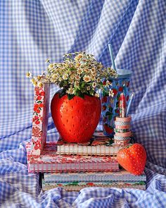 a strawberry sitting on top of two books with flowers in the middle and an empty cup next to it