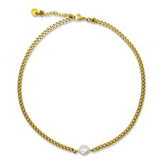 The stunning Pierre necklace features a beautiful natural fresh pearl, centered on a dainty gold Cuban chain. The sleek and simple design of this modern accessory will give a touch of charm to your everyday look. Materials: 18K plated stainless steel, fresh water pearl Measurement: 3mm width chain Necklace Length: 13.75"+1.5" extension Total Length: 15.25” Closure: Lobster Clasp Additional Info: Hypoallergenic: Nickel free Eco-friendly: We use recycled silver and gold! Tarnish resistant: No worr Gold Pearl Pendant Choker Necklace, Gold Choker Chain Necklace With Pearl Pendant, Gold Pearl Choker With Adjustable Chain, Gold Delicate Chain Pearl Choker, Gold Pearl Choker Necklace With Delicate Chain, Gold Pearl Choker With Delicate Chain, Gold Minimalist Choker With Pearl Chain, Minimalist Gold Choker With Pearl Chain, Minimalist Gold Choker With Pearl Drop