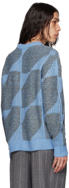 Knit stretch acrylic- and wool-blend sweater. Jacquard graphic pattern throughout. · Rib knit crewneck, hem, and cuffs · Dropped shoulders Supplier color: Light blue Jacquard Sweater, Knit Crewneck, Wool Blend Sweater, Accessories For Men, Graphic Patterns, Luxury Streetwear, Color Light, Rib Knit, Wool Blend