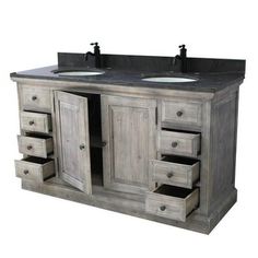 a double sink vanity with two mirrors and drawers on it's sides, in grey wood