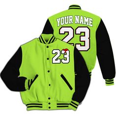 Brand Dunkare Kobe 6 SE Grinch Varsity Jacket Custom Name Number 23 Drip All Over Print Letterman Jackets Kobe 6, Letterman Jackets, Electric Green, Types Of Jackets, Letterman Jacket, Air Force 1 Low, Air Force 1, Custom Name, Grinch