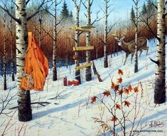 a painting of two deer in the woods with trees and snow covered ground behind them