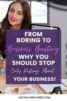 a woman sitting in front of a laptop computer with the words from boring to business blogging why you should stop