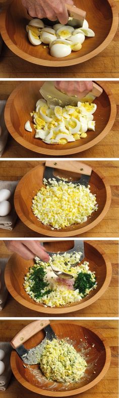 the steps to make an egg salad are shown