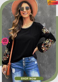 Black Floral Embroidery Long Sleeve Top Black Long Sleeve Blouse With Embroidered Sleeves, Black Tops With Embroidered Sleeves For Fall, Black Long Sleeve Top With Embroidered Sleeves, Black Long Sleeve Tops With Floral Embroidery, Black Floral Embroidered Long Sleeve Tops, Fall Black Top With Floral Embroidery, Black Long Sleeve Embroidered Top With Floral Print, Black Long Sleeve Top With Intricate Embroidery, Black Crew Neck Blouse With Floral Embroidery