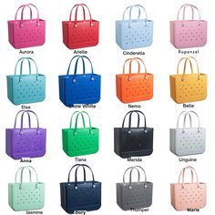 many colors of bags with holes on the handles and handles, all in different sizes