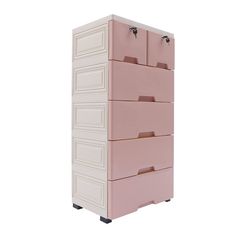 a pink storage unit with three drawers