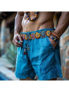 Men Shorts, Retro Ethnic Casual Linen Shorts Bohemian Style Shorts Bohemian Summer Festival Bottoms, Bohemian Boho Print Bottoms For Beach Season, Bohemian Short Beach Bottoms, Bohemian Shorts With Elastic Waistband For Vacation, Bohemian Beach Shorts With Pockets, Bohemian Shorts For Beach Season, Bohemian Blue Shorts For The Beach, Bohemian Summer Shorts, Bohemian Blue Shorts For Beach