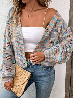 Women's Stylish Colorful Textured Cardigan With Open Front Multicolor Casual  Long Sleeve Fabric Striped,Tribal,All Over Print  Slight Stretch Spring/Summer Women Clothing, size features are:Bust: ,Length: ,Sleeve Length: