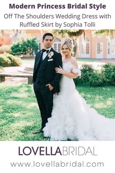 a bride and groom posing for a photo in front of a building with the words modern princess bridal style off the shoulders wedding dress with ruffled skirt by sophi