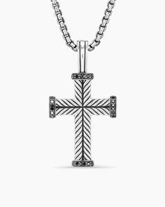 Chevron Cross Pendant in Sterling Silver with Black Diamonds, 33.5mm Designer Black Jewelry With Polished Finish, Luxury Black Oxidized Jewelry, Luxury Black Jewelry With Oxidized Finish, Classic Black Cross Jewelry, Luxury Black Cross Pendant Necklace, Black Cross Pendant For Formal Occasions, Black Cross Jewelry For Formal Occasions, Black Diamonds, Mens Pendant