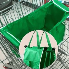 a shopping cart with a green bag in the front and an empty shopping cart behind it