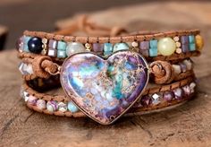 Boho Heart-Shaped Natural Violet King Stone Charm Woven Multi-layer Bracelet, Fits 5.5 to 7.5 inch wrist Healing Rocks, Wrap Armband, Balance Bracelet, Boho Wrap Bracelet, Meditation Bracelet, Beaded Wrap Bracelets, Protection Bracelet, Heart Gemstone, Beaded Wraps