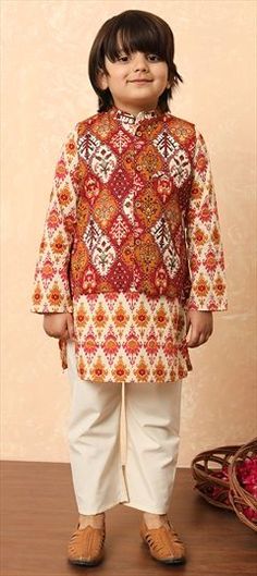 Red and Maroon color Boys Kurta Pyjama with Jacket in Cotton fabric with Printed work Traditional Cotton Sets For Fall, Traditional Fall Cotton Sets, Red Cotton Sets For Fall, Red Cotton Fall Season Set, Red Cotton Traditional Nehru Jacket, Red Traditional Cotton Nehru Jacket, Traditional Red Cotton Nehru Jacket, Red Festive Winter Kurta, Red Long Sleeve Nehru Jacket For Eid