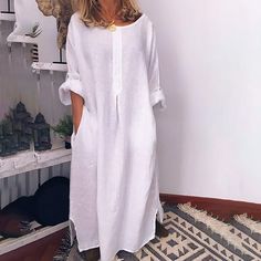 Fashion Women Summer Casual Full Sleeve O-Neck Solid Linen Long Dress Description: 1. It is made of high quality materials, durable enough for your daily wearing 2.Stylish and fashion design make you more attractive 3.It is very suitable for Summer and Spring 4.Comfortable material, suitable for a variety of occasions 5.This is a great gift for your lovers or yourself. Product Description: You will love this sweet dress in your autumn outings. This dress features longrt sleeve and v-neck with fl Boho Party Dress, Kain Linen, Split Hem Dress, Cotton Linen Dresses, Loose Fitting Dresses, Linen Maxi Dress, Asymmetrical Skirt, Fashion Board, Moda Vintage