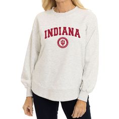 Spruce up your wardrobe by grabbing this Indiana Hoosiers Yvette Pullover Sweatshirt. This sweatshirt has a relaxed fit for maximum comfort, and the balloon sleeves add plenty of style. Complete with distinct Indiana Hoosiers graphics, this midweight top is just what you need for game day. Casual Balloon Sleeve Tops, Collegiate Fall Top For Campus, Collegiate Relaxed Fit Sweatshirt For Fall, Collegiate French Terry Tops With Relaxed Fit, Varsity Style Relaxed Fit Top For Fall, Collegiate Style Relaxed Fit Top With Ribbed Cuffs, Fall Campus Long Sleeve Sweats, Relaxed Fit Collegiate Tops With Ribbed Cuffs, Collegiate Style Top With Ribbed Cuffs In Relaxed Fit