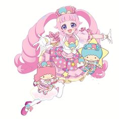 an anime character with pink hair and two other characters in front of her, one is holding