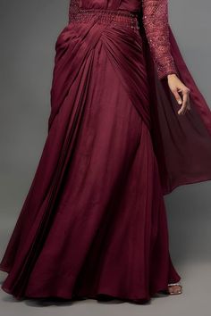 Maroon bangalore crepe padded pre-draped gown saree with sequins, cutdana and glass crystals hand embroidery. Comes with a belt. - Aza Fashions Gown Saree, Saree Gowns, Saree Women, Maroon Saree, Draped Gown, Drape Gowns, Saree For Women, Drape Saree, Sarees Online