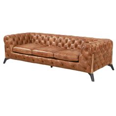 a brown leather couch with black legs and buttons on the armrests, sitting in front of a white background