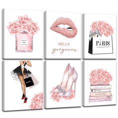 four pictures with pink flowers and shoes on them, one has a perfume bottle in the middle