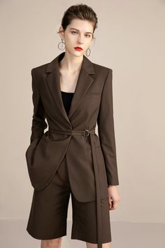 Stylishly fall unique Brown V-Neck Belted Blazer and Short. A style perfect for a cool evening fall walk. Peak lapels; front button blazer V-Neck, Long sleeves; button cuffs. Structured shoulders. Chest welt pockets. Hip flap pockets Polyester 80% Viscose 17% Spandex 3% Imported Brand - Aision Model Number - 213110C1 THIS SET RUNS SMALL Belted Blazer Outfit, Fall Walk, Short A, Belted Blazer, Brown Blazer, Brown Suits, Blazer And Skirt, Blazer Set, Blazer Shirt