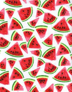 watermelon slices on white paper with green and red accents, as well as black dots