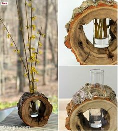 an image of a vase made out of wood and branches with flowers in the center