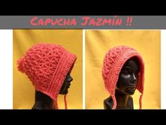 two pictures of a woman's hat with the words capucha tamin on it