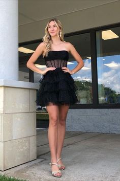 Strapless Black Sequins Multi-Layers Short Homecoming Dress Homecoming Dresses Short Black, Sheer Corset, Black Homecoming Dress, Corset Bodice, Short Homecoming Dress, Hoco Dresses, Homecoming Dress, Black Sequins, Multi Layering