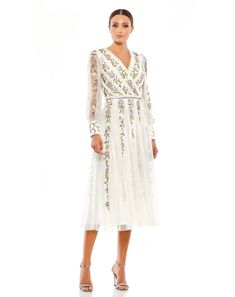 Long Sleeve Embroidered Wrap Midi Dress Tea Length Formal Dresses, Designer Formal Dresses, Embellished Midi Dress, Long Sleeve Cocktail Dress, Chiffon Midi Dress, Evening Dresses Cocktail, Short Cocktail Dress, Daytime Dresses, Wrap Midi Dress