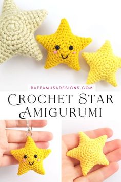 crochet star amigurmi keychain with four different pictures and text overlay